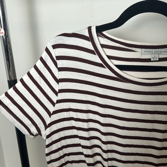Green Envelope Brown and White Striped Knotted Casual Soft Tshirt Size Large - Picture 2 of 6